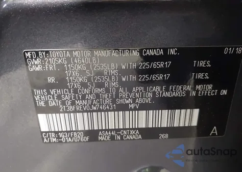 2018 Toyota Rav4 Le из США, поврежденный, VIN 2T3BFREV0JW746431